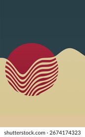Geometric Sunset Waves in Minimal Abstract Landscape. Minimalist Abstract Sunset Landscape with Geometric Waves and Lines