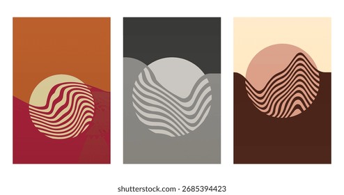 Geometric Sunset Waves in Minimal Abstract Landscape. Minimalist Abstract Sunset Landscape with Geometric Waves and Lines
