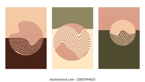 Ondas Geométricas do Pôr do Sol em Paisagem Abstrata Mínima. Paisagem do Pôr do Sol Abstrata Minimalista com Ondas e Linhas Geométricas