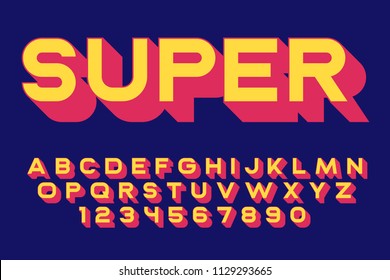 Geometric super font 3d effect design letters and numbers Hand drawn style Vector alphabet