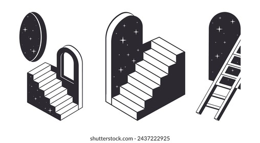 Geometric surreal ladders. Abstract monochrome stairs, minimal ladders flat vector illustration set. Outline design ladders on white