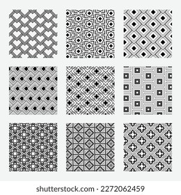 Geometric swatches patterns. Nine swatches. Black geometric shapes. Vector seamless repeat pattern
