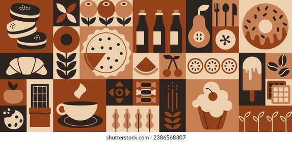 Geometric sweet food pattern. Minimal bakery dessert fruit simple shapes, restaurant cafe menu concept. Vector abstract banner