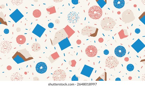 Geometric sweets scatter on pastel background forming dessert pattern design