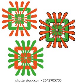 Mistura de espiral geométrica. Padrão de centro quadrado. Ícones abstratos de vetor. Vermelho laranja verde.