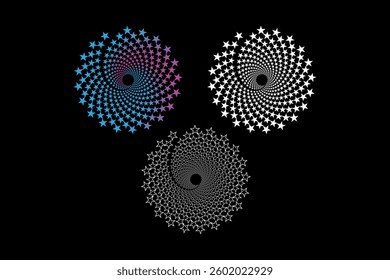 Geometric Swirl Patterns with Stars Vector Illustration On Black Background