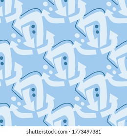 Geometric symbol arrow seamless pattern. Blue and light pastel abstract backdrop. Simple design. Perfect for wrapping paper, wallpaper, textile, fabric. Vector illustration.