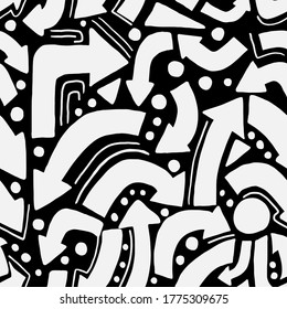 Geometric symbol arrow seamless pattern. White elements on black background. Monochrome design. Perfect for wrapping paper, wallpaper, textile, fabric. Vector illustration.