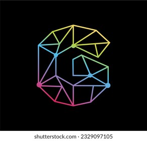 Símbolo geométrico con la forma G. Línea geométrica con gradiente colorido sobre fondo negro.