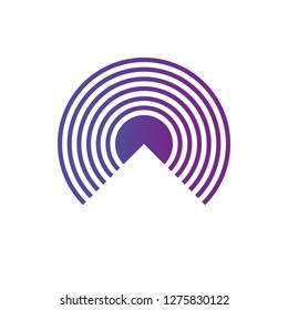 Geometric symbol of Purple gradient Rings sound or waves in circle with triangle cut. Tap symbol. Radio signal background. Vector illustration isolated on white background.