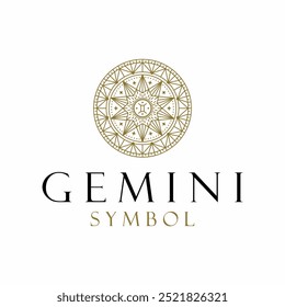 Geometric symbol representing the astrological sign Gemini. The design features a circular mandala with a central star and intricate lines