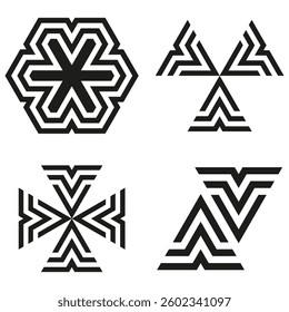 Geometric symbol set. Abstract pattern shape. Sharp symmetric icons. Black white design.