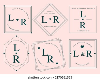 Geometric symbol set for romantic greeting card. Monogram linear flat wedding logo collection. Minimal frame design element. Square border invitation template. line icon vector illustration.