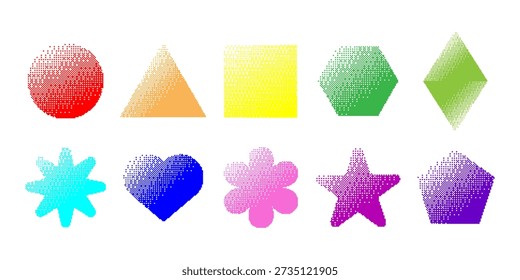 Geometric and Symbol Shapes in Bitmap Halftone Style with dotted gradients for digital design, abstract backgrounds, pop art compositions, web graphics, posters, and educational materials.Vector