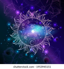 geometric symbol Sun against the space background with galaxy and stars. Mystic sign drawn in lines. Image in blue and purple color.