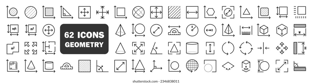 Sammlung geometrischer Symbole. Vektorset von Symbolen für lineare Geometrie. Dimension, Fläche und Messkonzept für den Umfang. Symbole mit Quadrat, Umkreis, Abstand und Durchmesser.