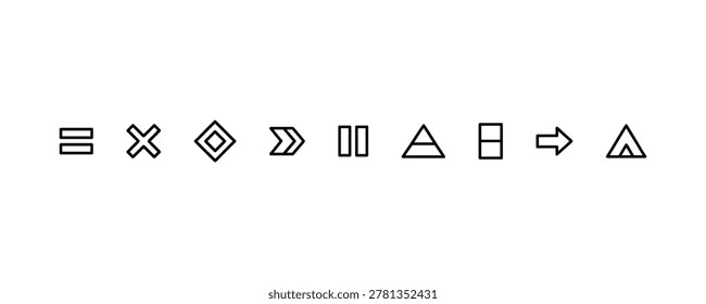 Geometric symbols in linear formation on white background.