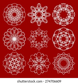 Geometric symmetric lace patterns in art deco design. Set of trendy vintage mono-line circle patterns. 