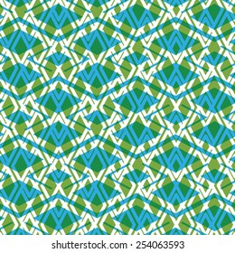 Geometric symmetric lined seamless pattern, colorful vector endless background. Decorative net splicing motif texture with rhombus. Green overlay ornate covering, best for web and graphic design.
