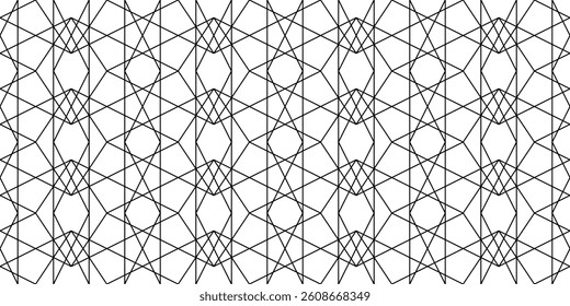 Geometric symmetric seamless pattern. Vector decorative ornament of broken lines. Monochrome black grid on white background. Mosaic tile in classic style. Minimalist pattern for your design projects.
