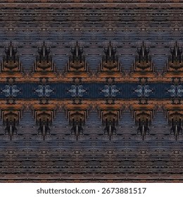 Geometric symmetrical abstract pattern with layered dark textures, decorative futuristic design suitable for wallpapers, backgrounds, and textiles.