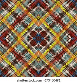 Geometric symmetrical checkered pattern of multi-colored lines drawn by hand. Seamless pattern. Vector pattern