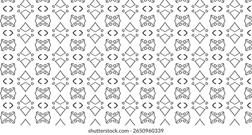 Padrão geométrico e simétrico de arte de linhas com diamantes e motivos curvos em um layout nítido. Ótimo para fundos, papéis de parede ou decoração contemporânea.