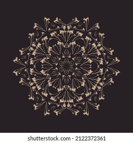 Geometric symmetrical ornament with herbarium elements. Vector illustration