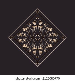 Geometric symmetrical ornament with herbarium elements. Vector illustration