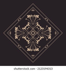 Geometric symmetrical ornament with herbarium elements. Vector illustration