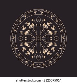 Geometric symmetrical ornament with herbarium elements. Vector illustration
