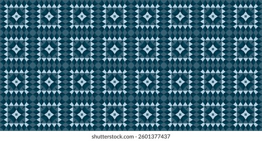 a geometric, symmetrical pattern in shades of blue, creating a structured and decorative design with repeating diamond and square elements.
