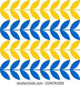 Patrón simétrico geométrico sin soldadura con puntas azules y amarillas de trigo, ramas con hojas sobre fondo blanco. Vector.