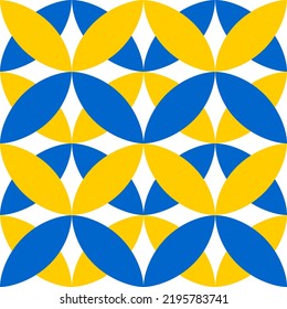 Geometric symmetrical seamless pattern with blue and yellow shapes of petals or grains on a white background. Vector.