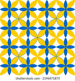 Geometric symmetrical seamless pattern with blue and yellow shapes of petals or grains on a white background. Vector.