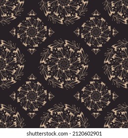 Geometric symmetrical seamless pattern with herbarium elements.
