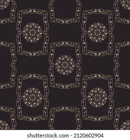 Geometric symmetrical seamless pattern with herbarium elements.