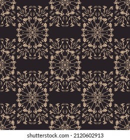 Geometric symmetrical seamless pattern with herbarium elements.