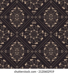 Geometric symmetrical seamless pattern with herbarium elements.