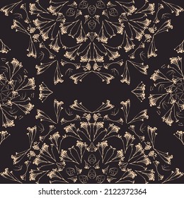 Geometric symmetrical seamless pattern with herbarium elements.