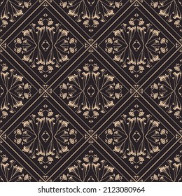 Geometric symmetrical seamless pattern with herbarium elements.