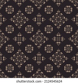 Geometric symmetrical seamless pattern with herbarium elements.