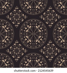 Geometric symmetrical seamless pattern with herbarium elements.