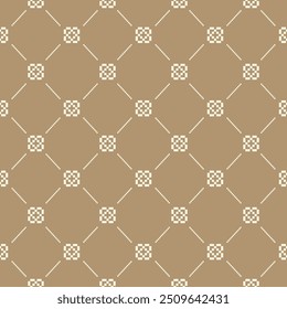 Geometric Symmetrical Seamless Pattern Vector on Brown Background. Luxury Old Money Style Light Beige Embroidery Monogram. Cross stitch Weaves Elaborate Texture for Fashion Decoration Apparel Minimal.