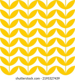 Geometric symmetrical seamless pattern with yellow vertical spikelets of wheat, branches with leaves on a white background. Vector.