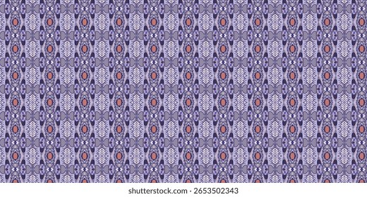 Geometric symmetrical textile pattern in lavender and coral tones. Intricate and ethnic-inspired design perfect for fabric, fashion, or wallpaper.
