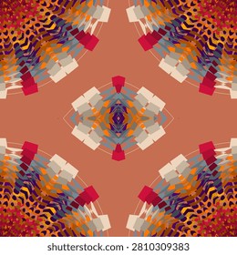 Geometric symmetry artwork in marigold, deep orange, ruby red, royal purple, terracotta, ochre, linen, cool grey, rainbow dark sunset style