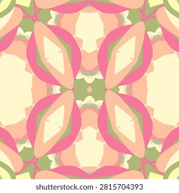 Geometric symmetry artwork in olive leaf, pear, primrose, celadon, rose, salmon, apricot, pale gold, light spring meadow style