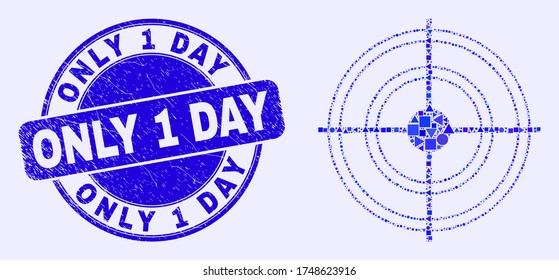 Geometric target calendar page mosaic icon and Only 1 Day seal. Blue vector round grunge seal with Only 1 Day message. Abstract concept of target calendar page composed of round, tringle,