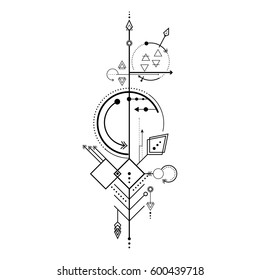 Geometric tattoo/sign with triangles, arrows, circles, dots and other symbols. Vector linear illustration of tattoo art/ sign.
